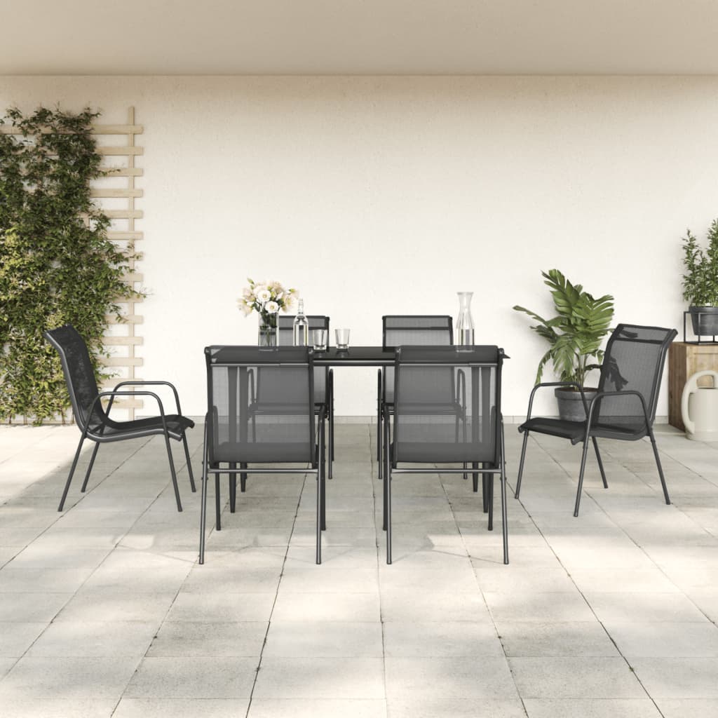 Set da Pranzo da Giardino 7 pz Nero in Acciaio e Textilene | homemem39