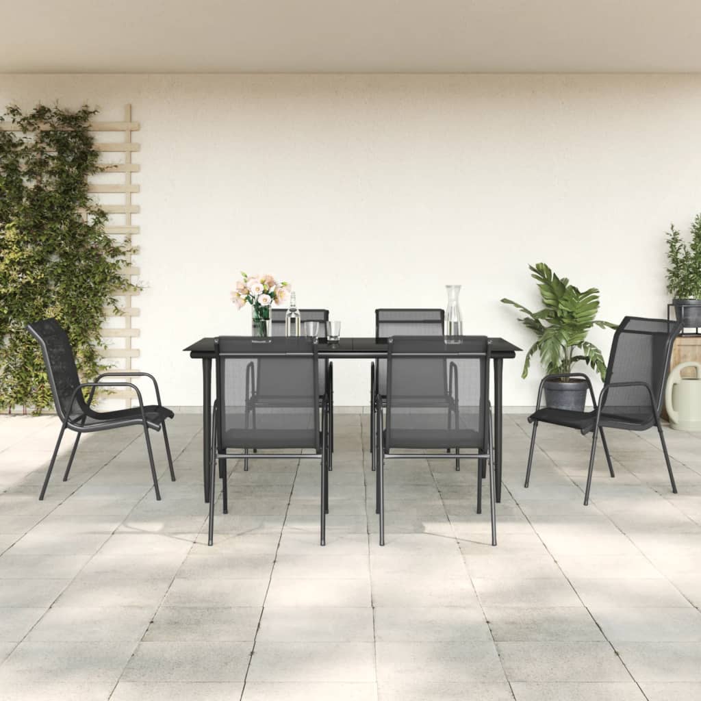 Set da Pranzo da Giardino 7 pz Nero in Acciaio e Textilene | homemem39