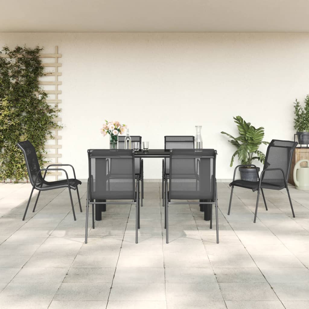 Set da Pranzo da Giardino 7 pz Nero in Acciaio e Textilene | homemem39