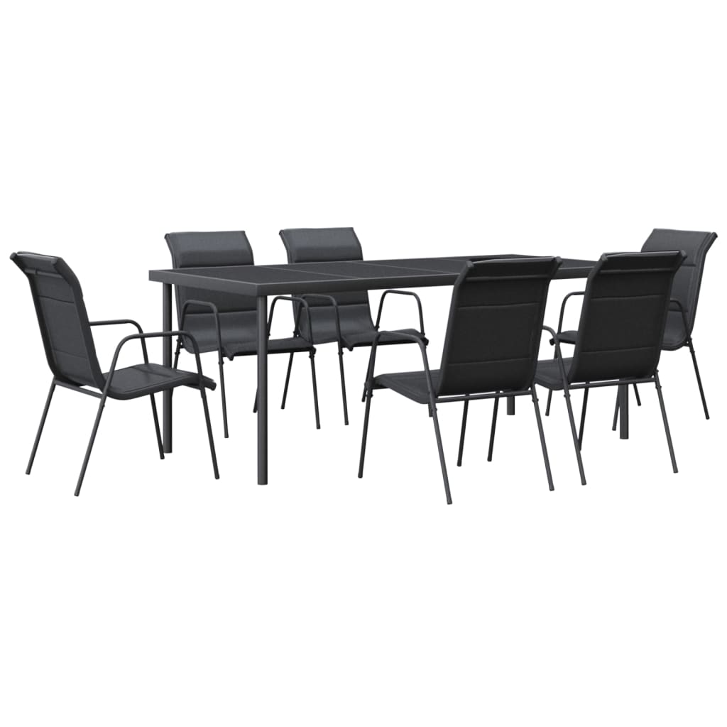 Set da Pranzo da Giardino 7 pz Nero in Acciaio e Textilene | homemem39