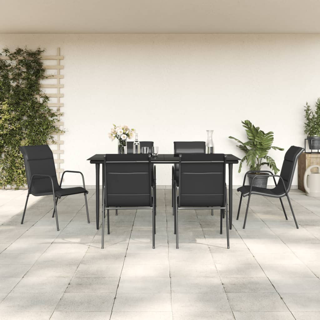 Set da Pranzo da Giardino 7 pz Nero in Acciaio e Textilene