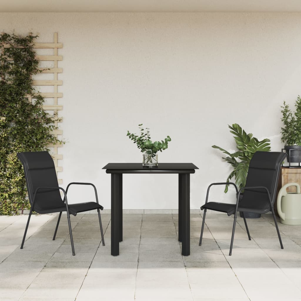 Set da Pranzo da Giardino 3 pz Nero in Acciaio e Textilene | homemem39