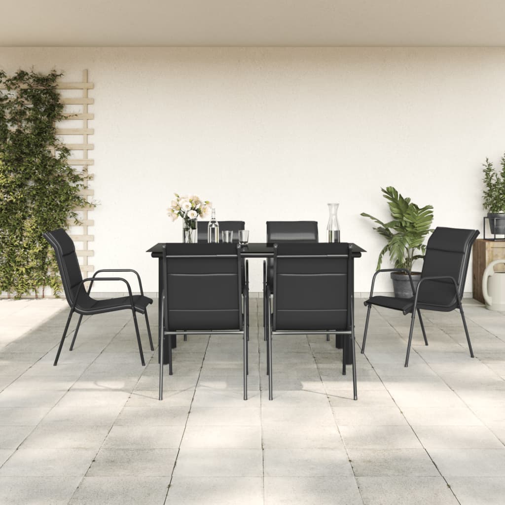 Set da Pranzo da Giardino 7 pz Nero in Acciaio e Textilene | homemem39