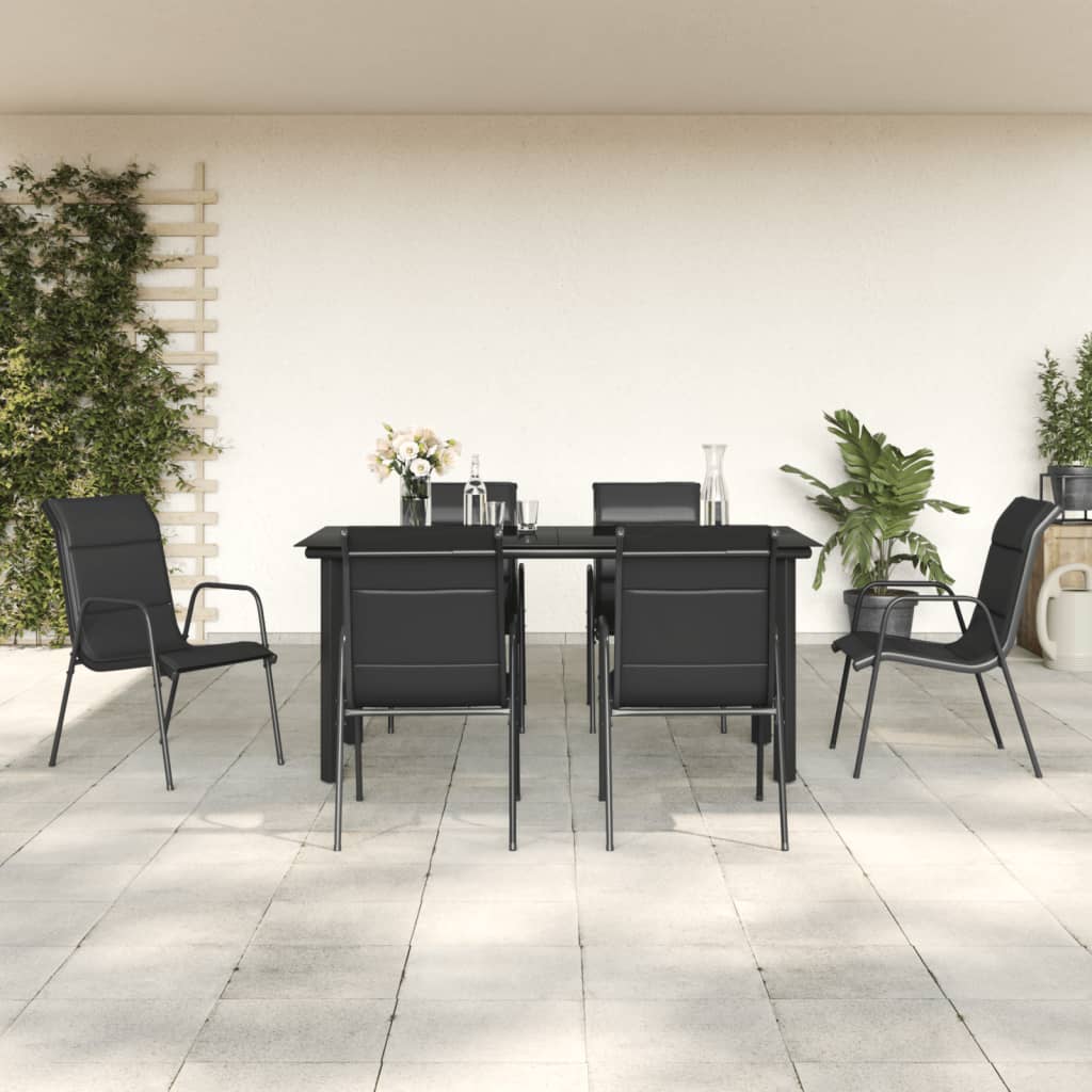 Set da Pranzo da Giardino 7 pz Nero in Acciaio e Textilene | homemem39