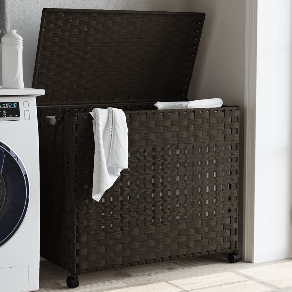 Cesto Portabiancheria Ruote Marrone Scuro 66x35x60 cm Rattan | homemem39