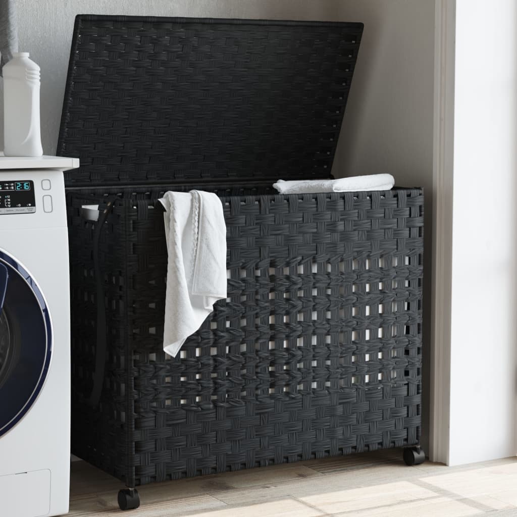 Cesto Portabiancheria con Ruote Nero 66x35x60 cm Rattan | homemem39