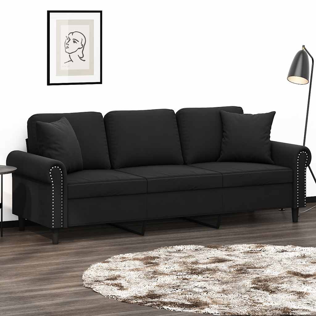 Divano a 3 Posti con Cuscini Nero 180 cm in Velluto | homemem39