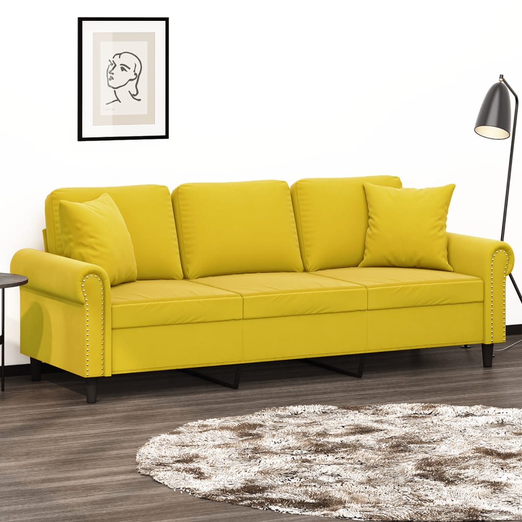 Divano a 3 Posti con Cuscini Giallo 180 cm in Velluto - homemem39
