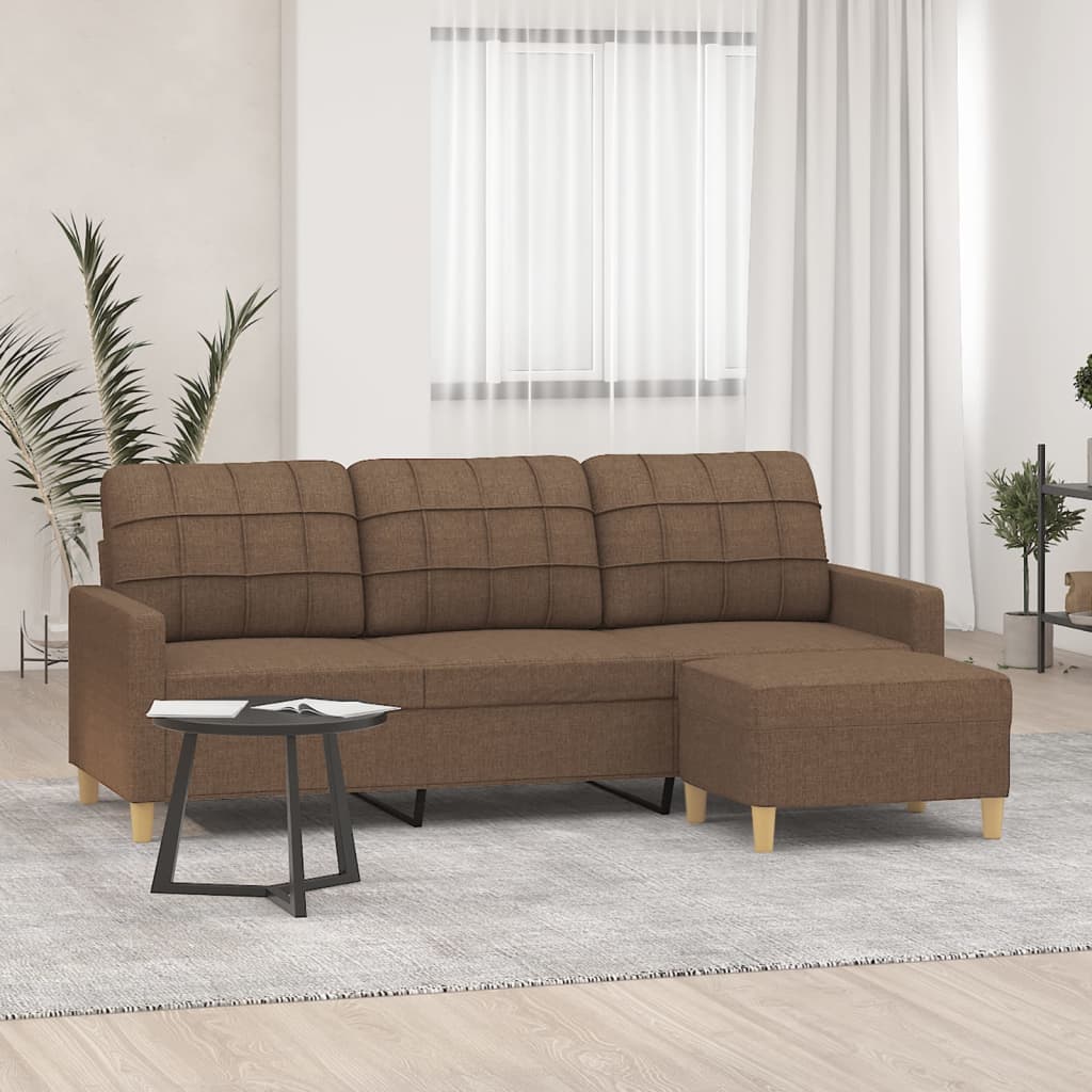 Divano a 3 Posti con Poggiapiedi Marrone 180 cm in Tessuto | homemem39
