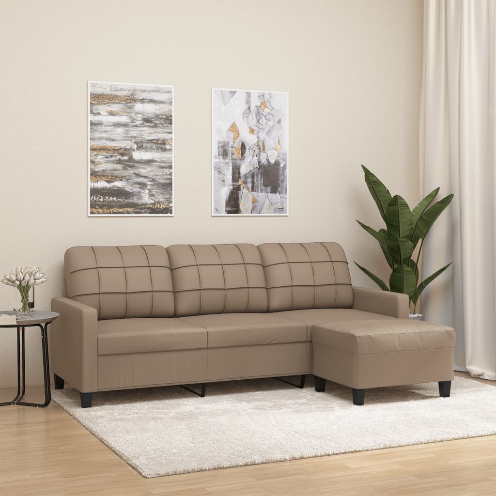Divano a 3 Posti con Poggiapiedi Cappuccino 180cm in Similpelle | homemem39