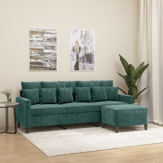 Divano a 3 Posti con Poggiapiedi Verde scuro 180 cm in Velluto