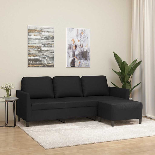 Divano a 3 Posti con Poggiapiedi Nero 180 cm in Similpelle | homemem39
