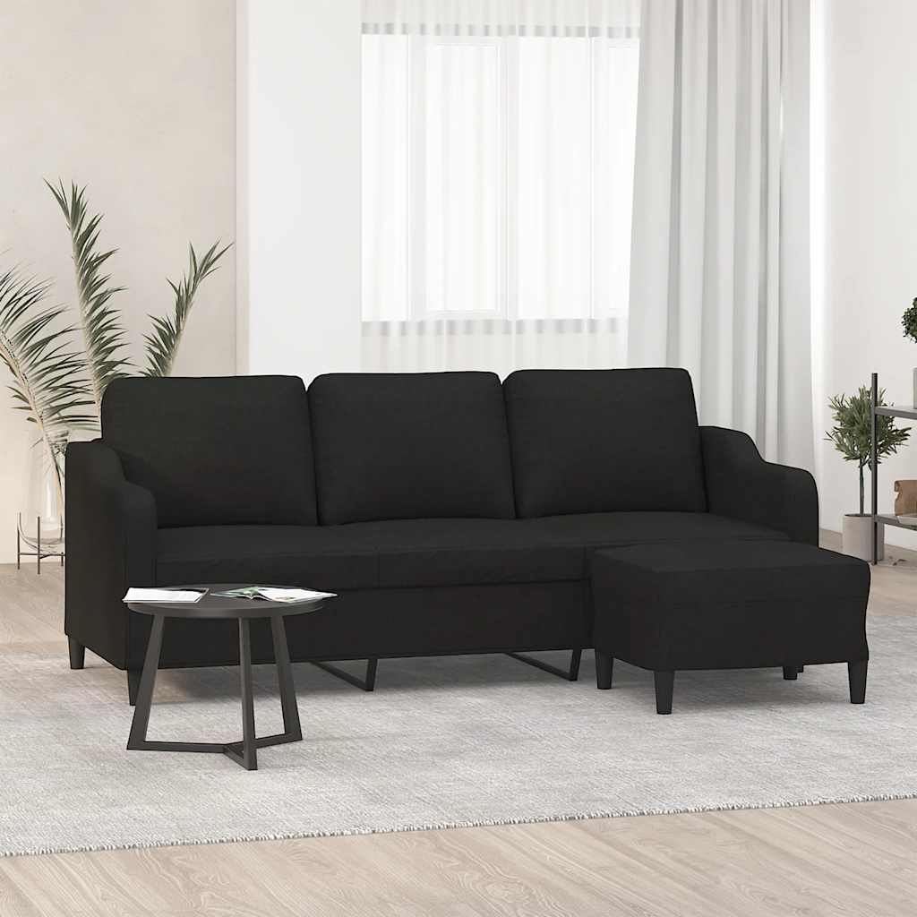 Divano a 3 Posti con Poggiapiedi Nero 180 cm in Tessuto | homemem39