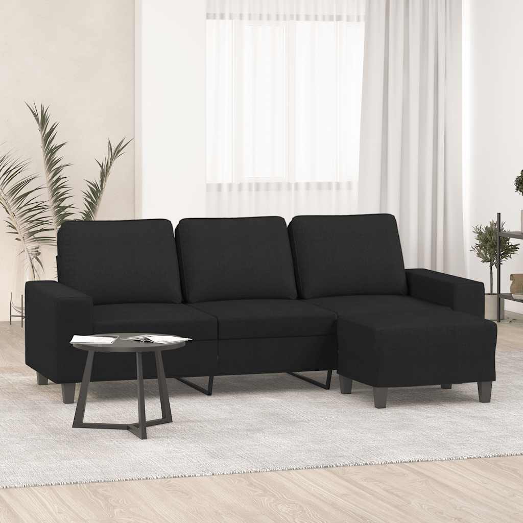 Divano a 3 Posti con Poggiapiedi Nero 180 cm in Tessuto | homemem39