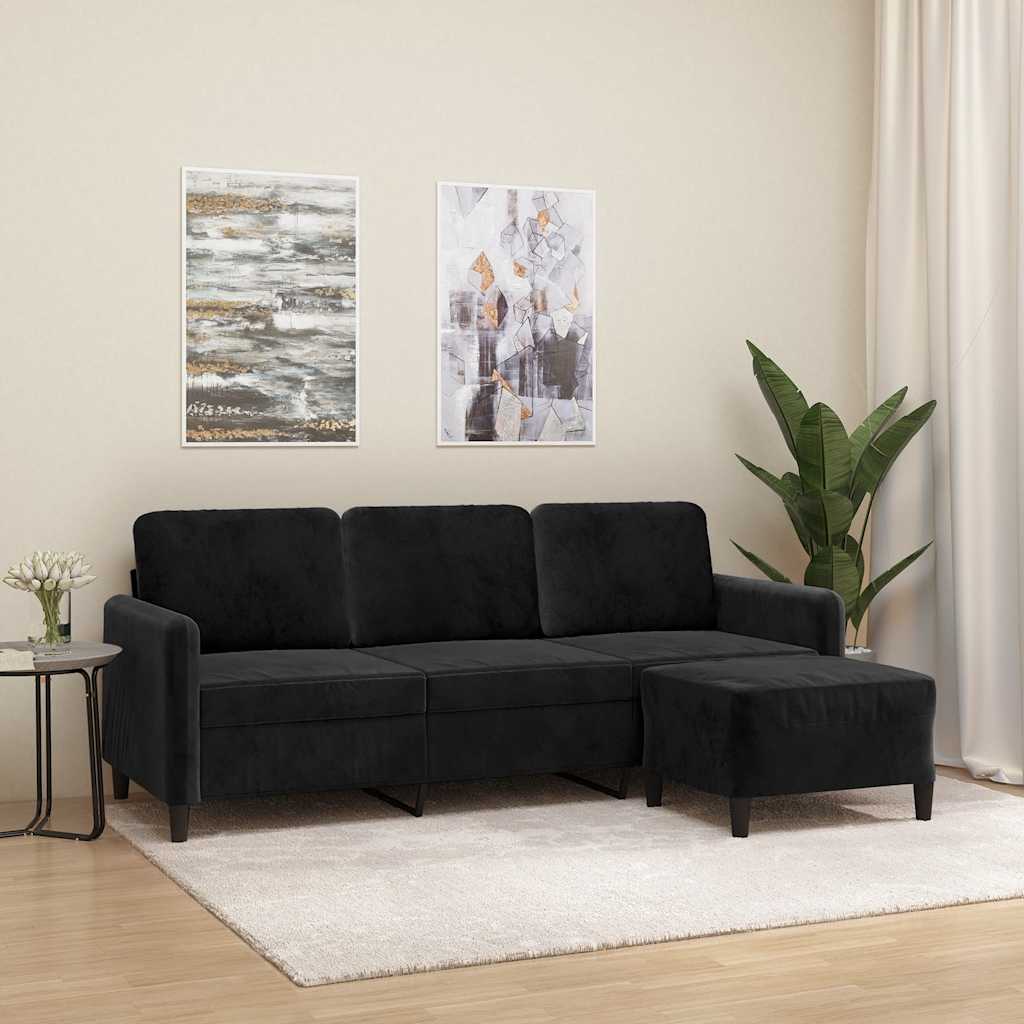 Divano a 3 Posti con Poggiapiedi Nero 180 cm in Velluto | homemem39
