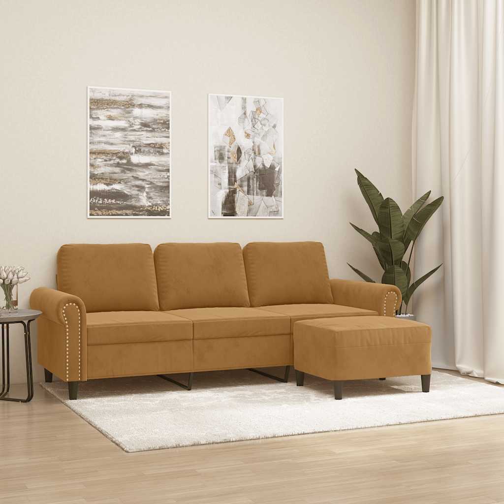 Divano a 3 Posti con Poggiapiedi Marrone 180 cm in Velluto | homemem39