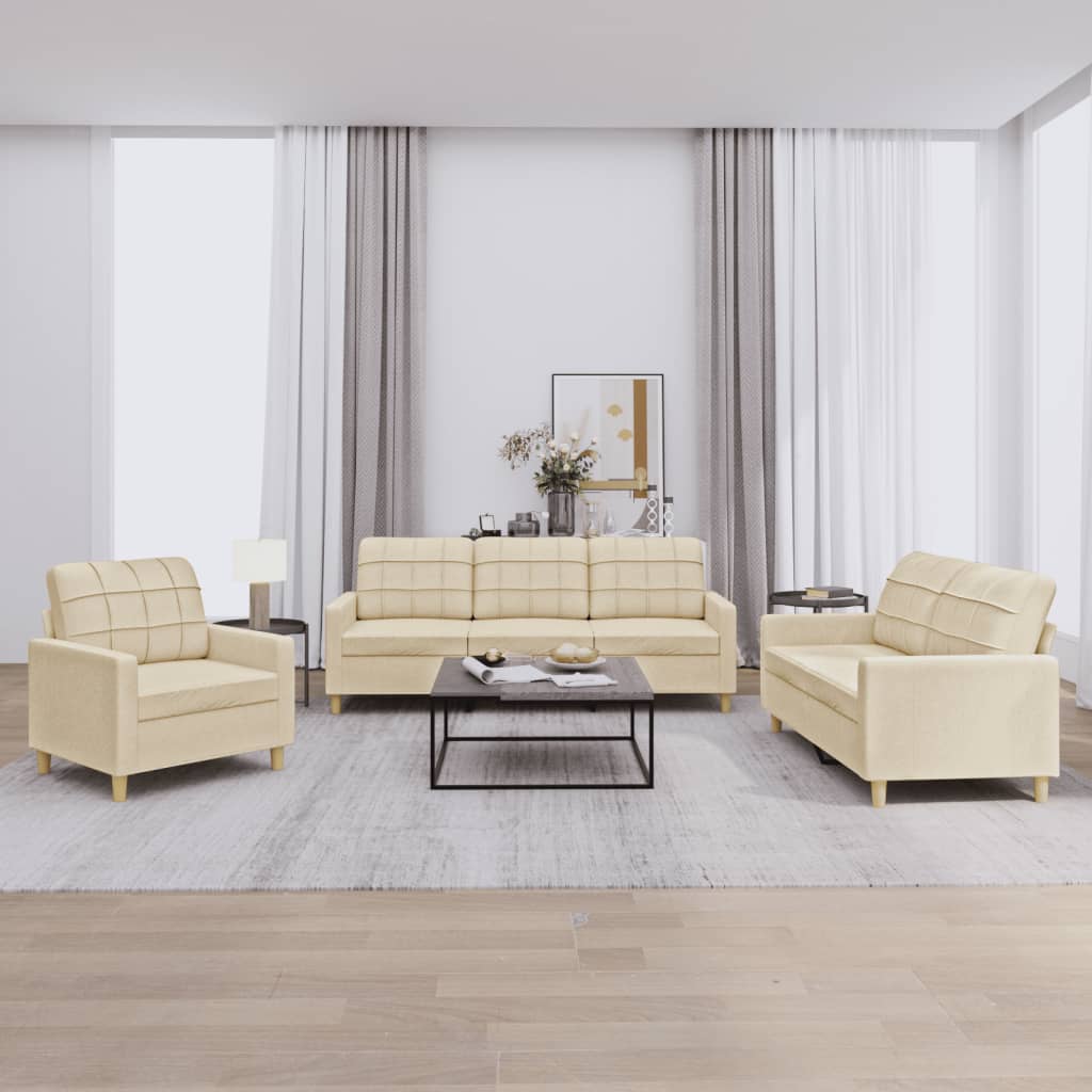 Set di Divani 3 pz con Cuscini Crema in Tessuto | homemem39