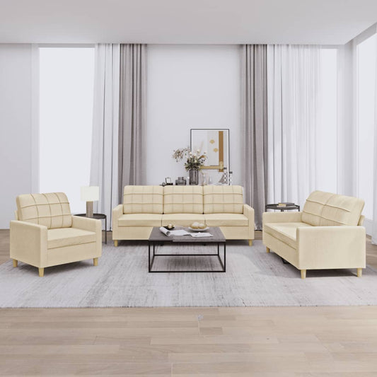 Set di Divani 3 pz con Cuscini Crema in Tessuto | homemem39