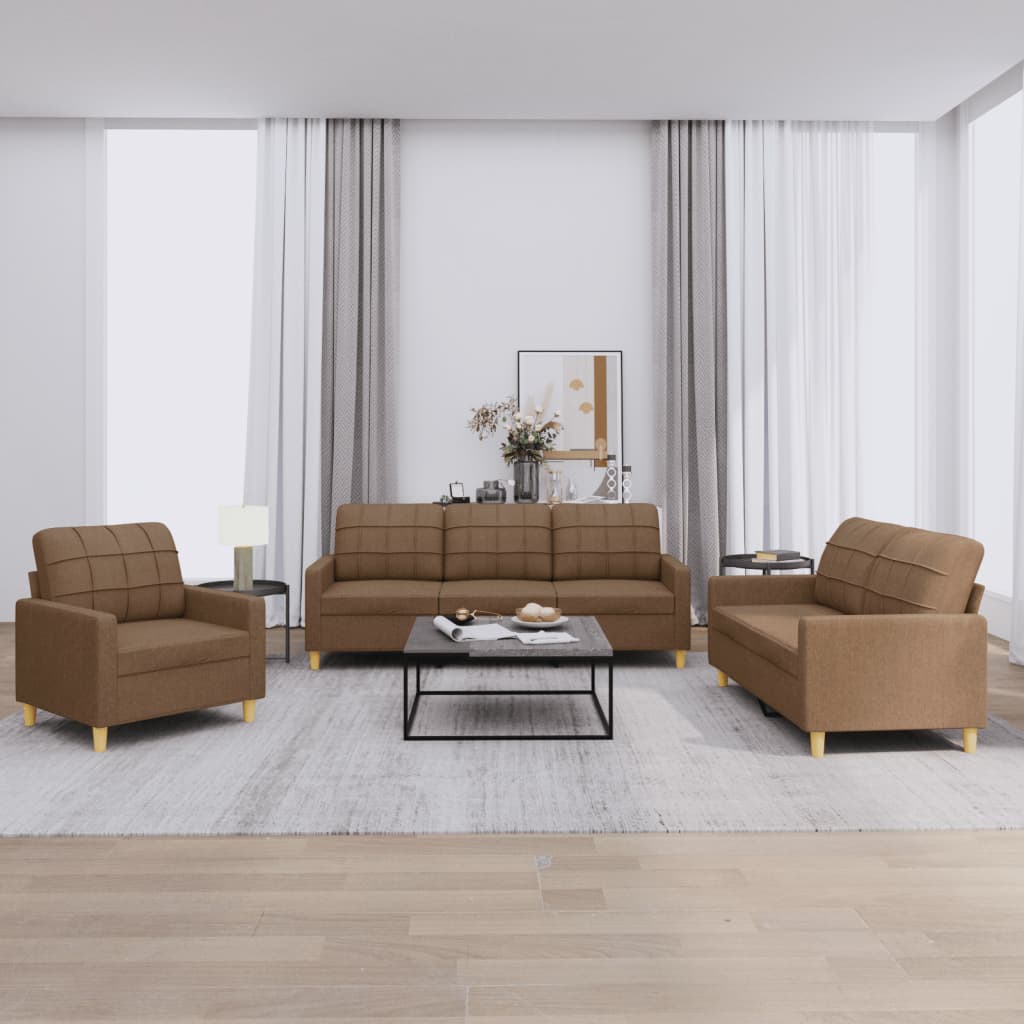 Set di Divani 3 pz con Cuscini Marrone in Tessuto | homemem39