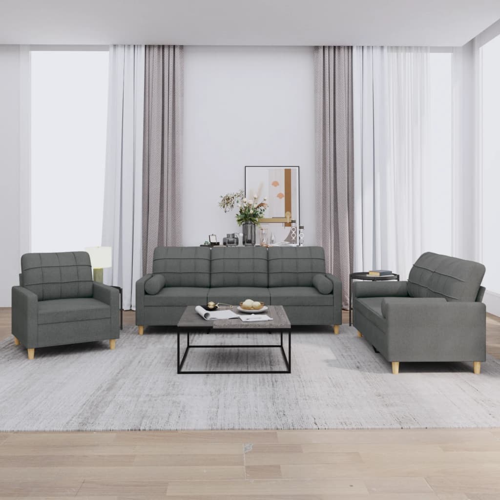 Set di Divani 3 pz con Cuscini Grigio Scuro in Tessuto | homemem39