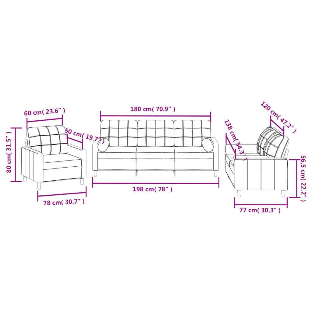 Set Divani 3 pz con Cuscini Nero in Tessuto | homemem39