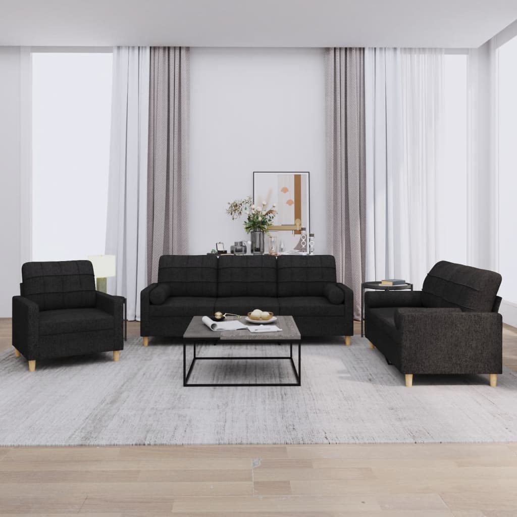 Set Divani 3 pz con Cuscini Nero in Tessuto | homemem39