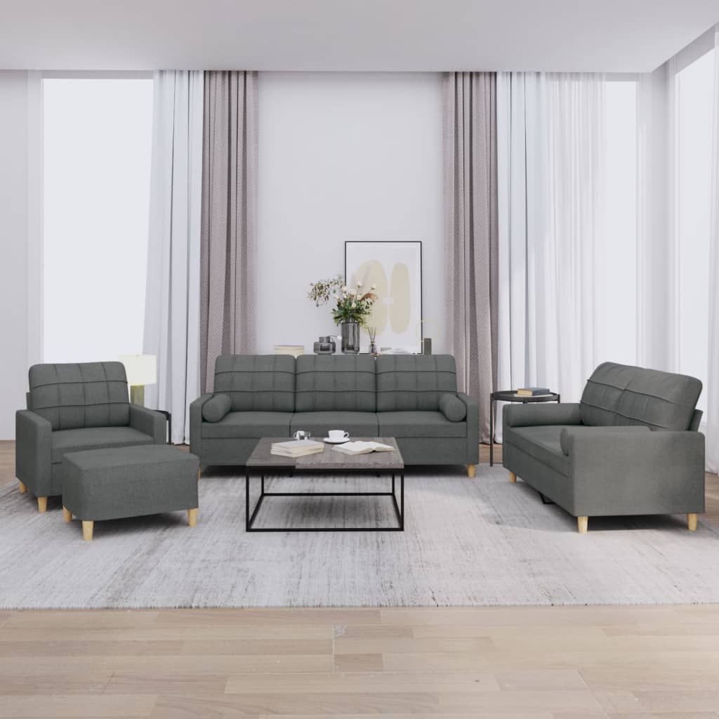 Set di Divani 4 pz con Cuscini Grigio Scuro in Tessuto