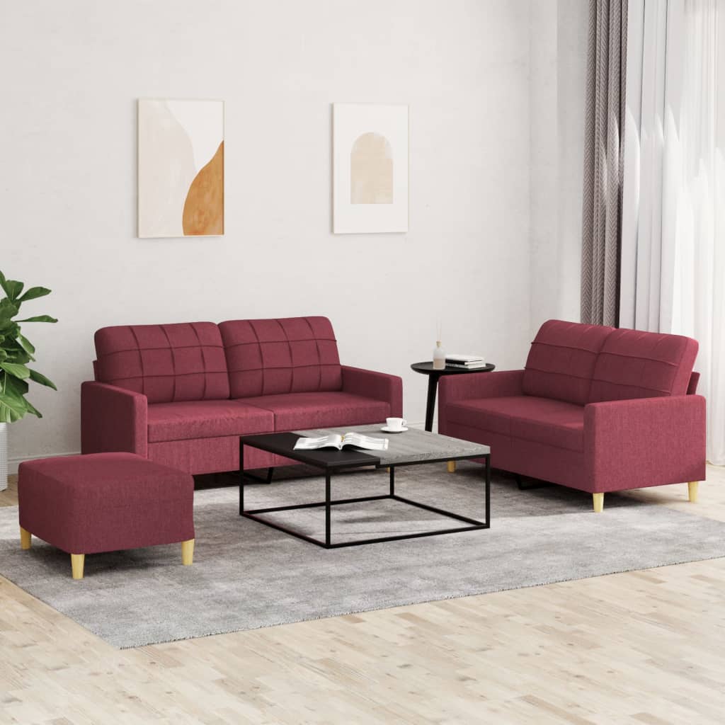 Set di Divani 3 pz con Cuscini Rosso Vino in Tessuto | homemem39