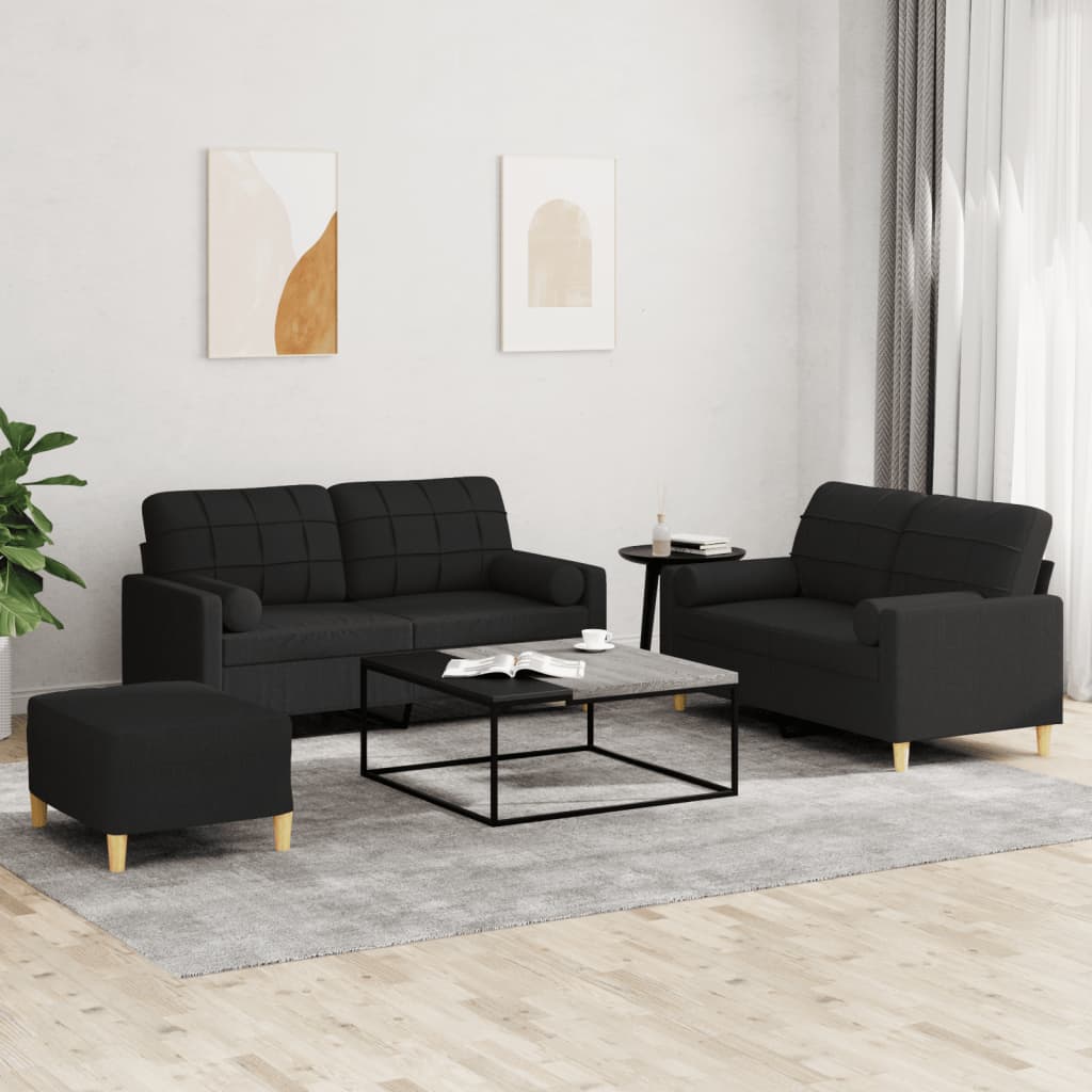 Set Divani 3 pz con Cuscini Nero in Tessuto | homemem39