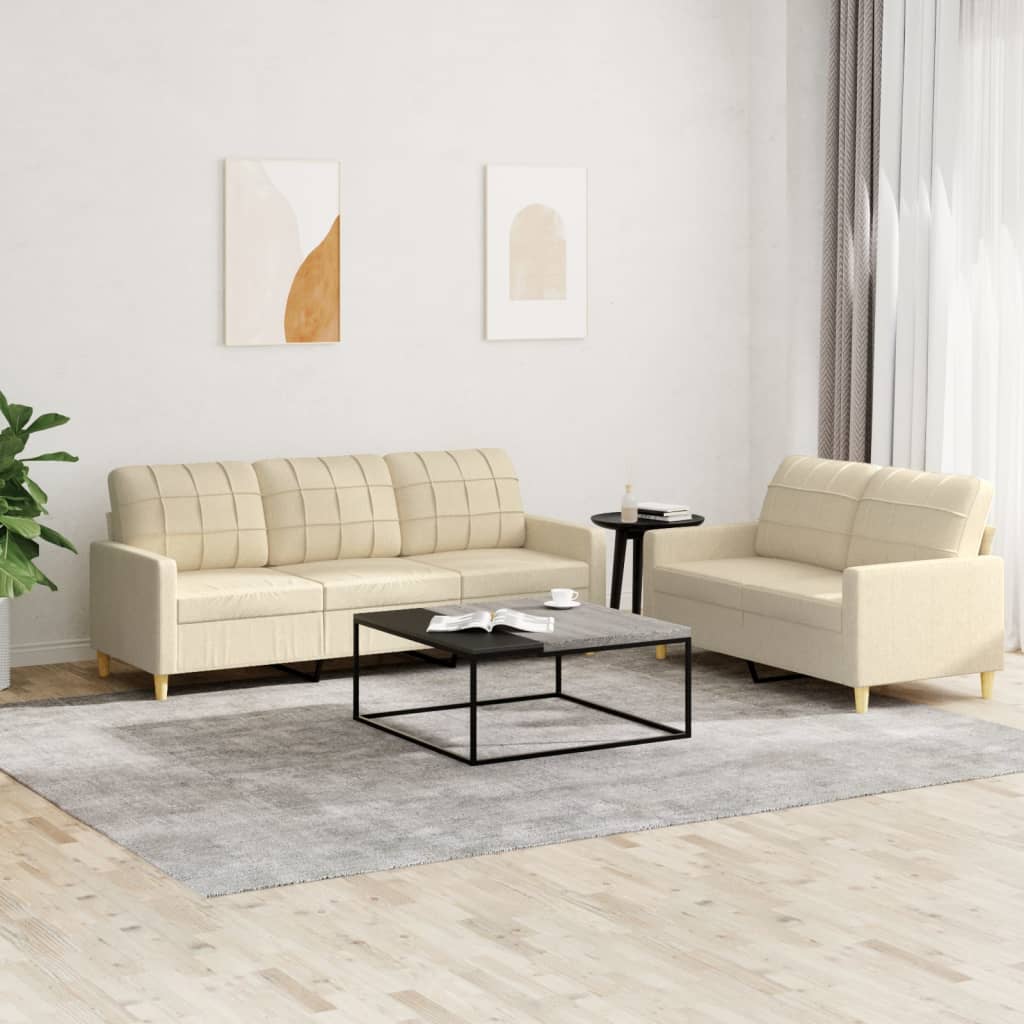 Set di Divani 2 pz con Cuscini Crema in Tessuto | homemem39