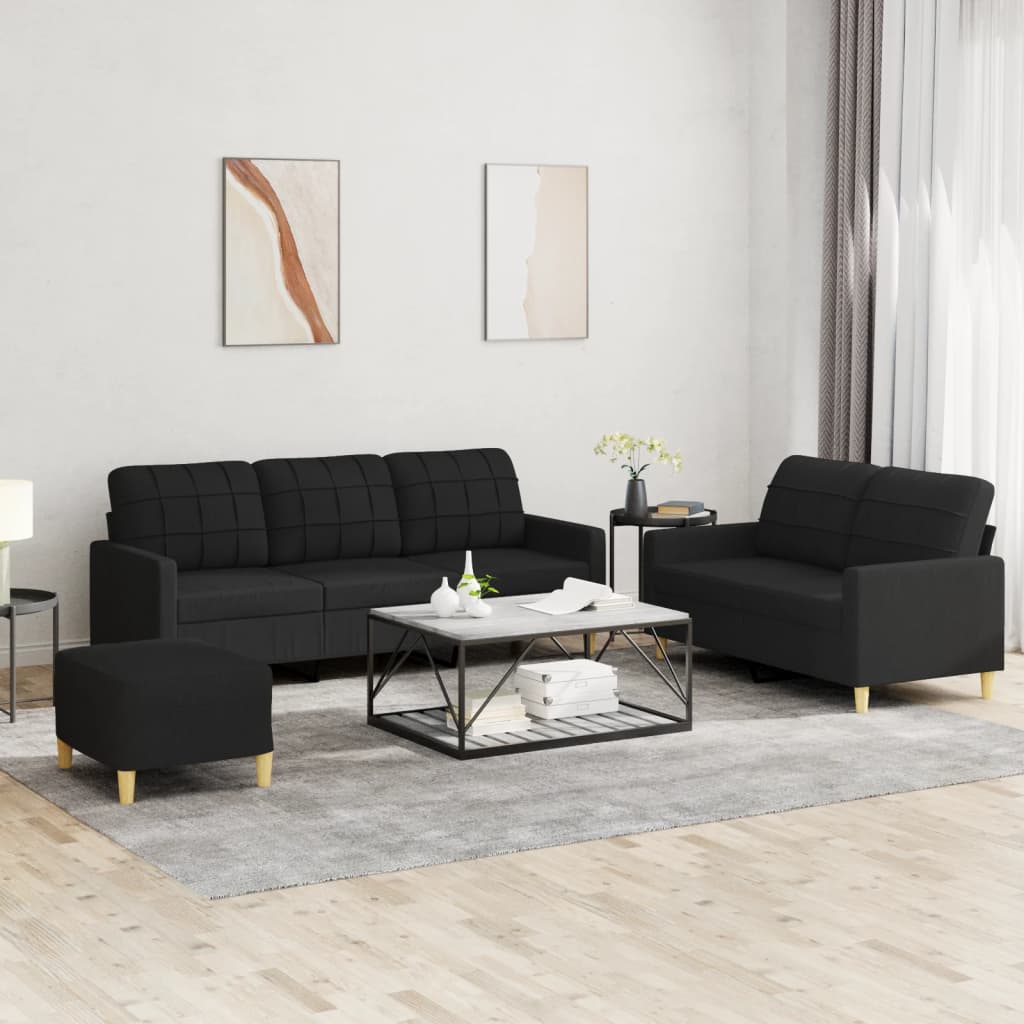 Set di Divani 3 pz con Cuscini Nero in Tessuto | homemem39