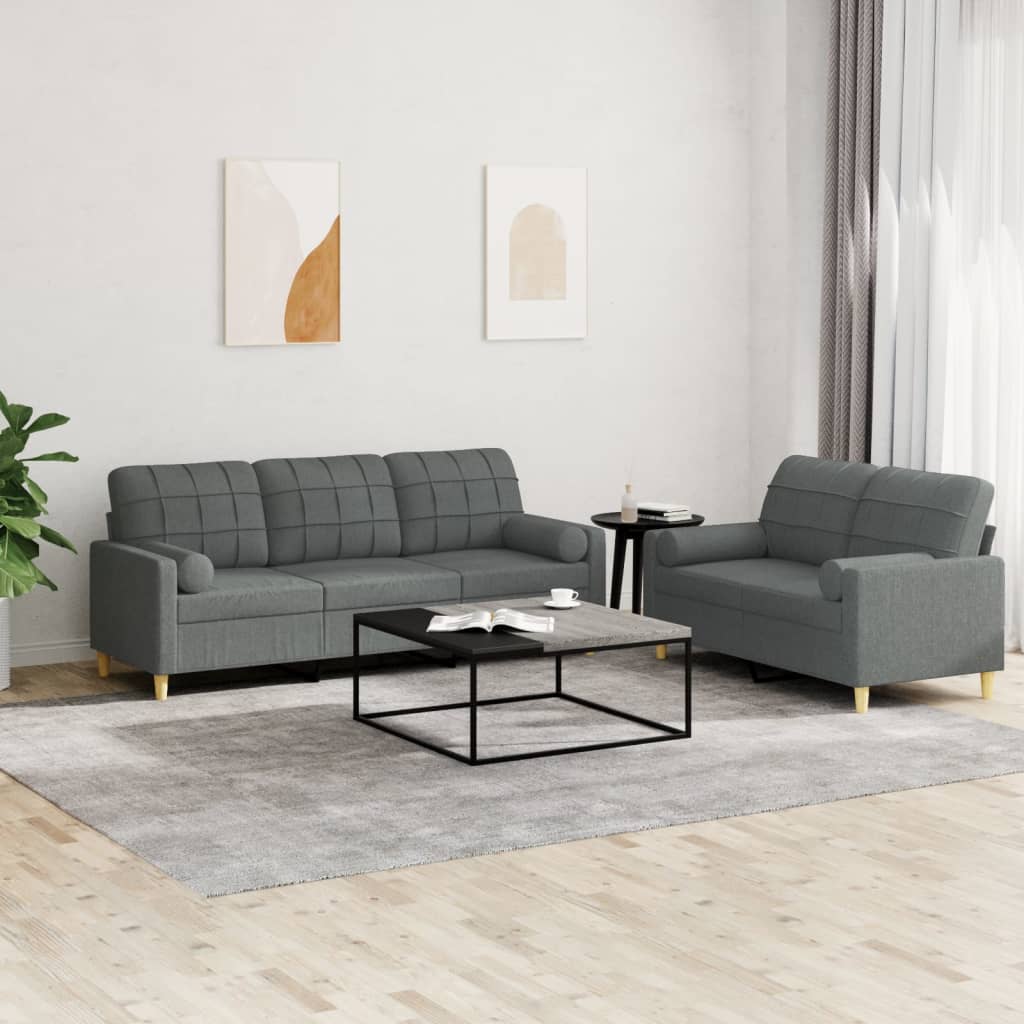 Set di Divani 2 pz con Cuscini Grigio Scuro in Tessuto | homemem39