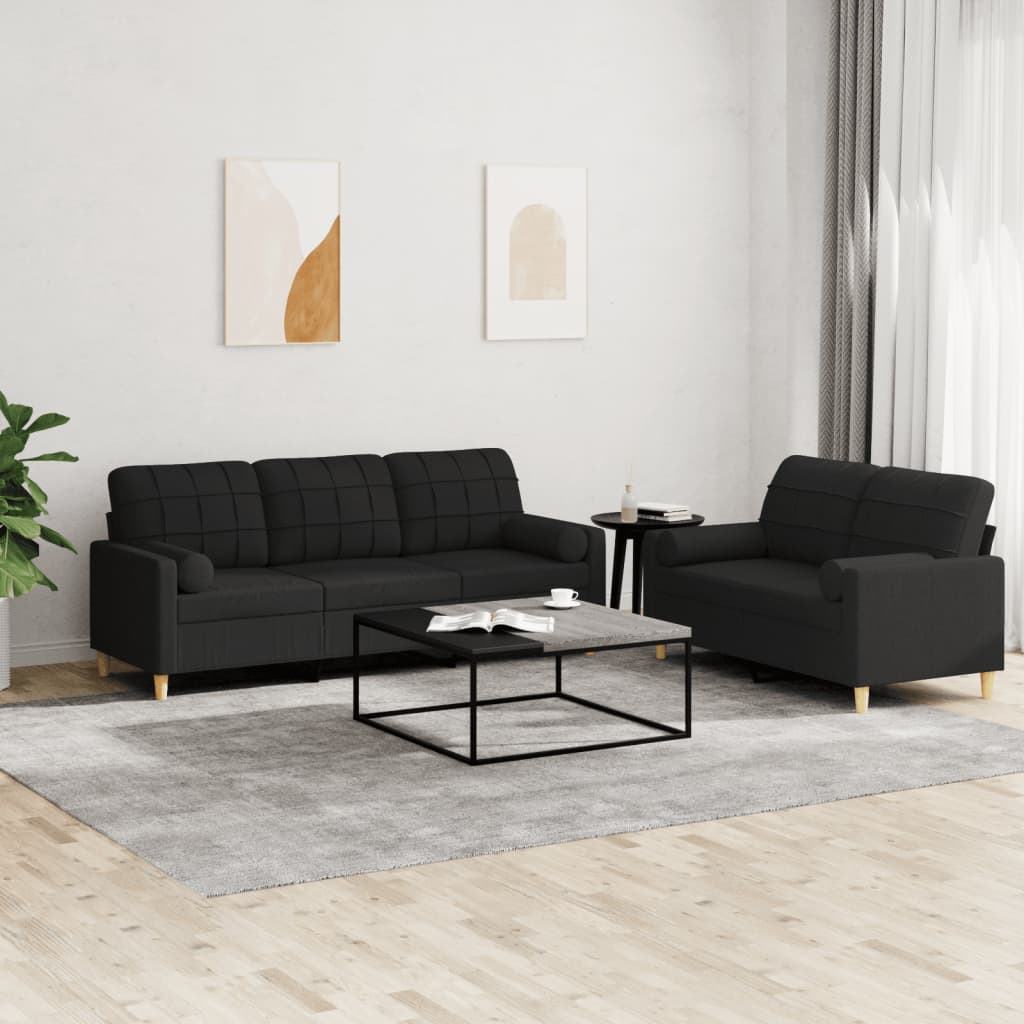 Set Divani 2 pz con Cuscini Nero in Tessuto | homemem39