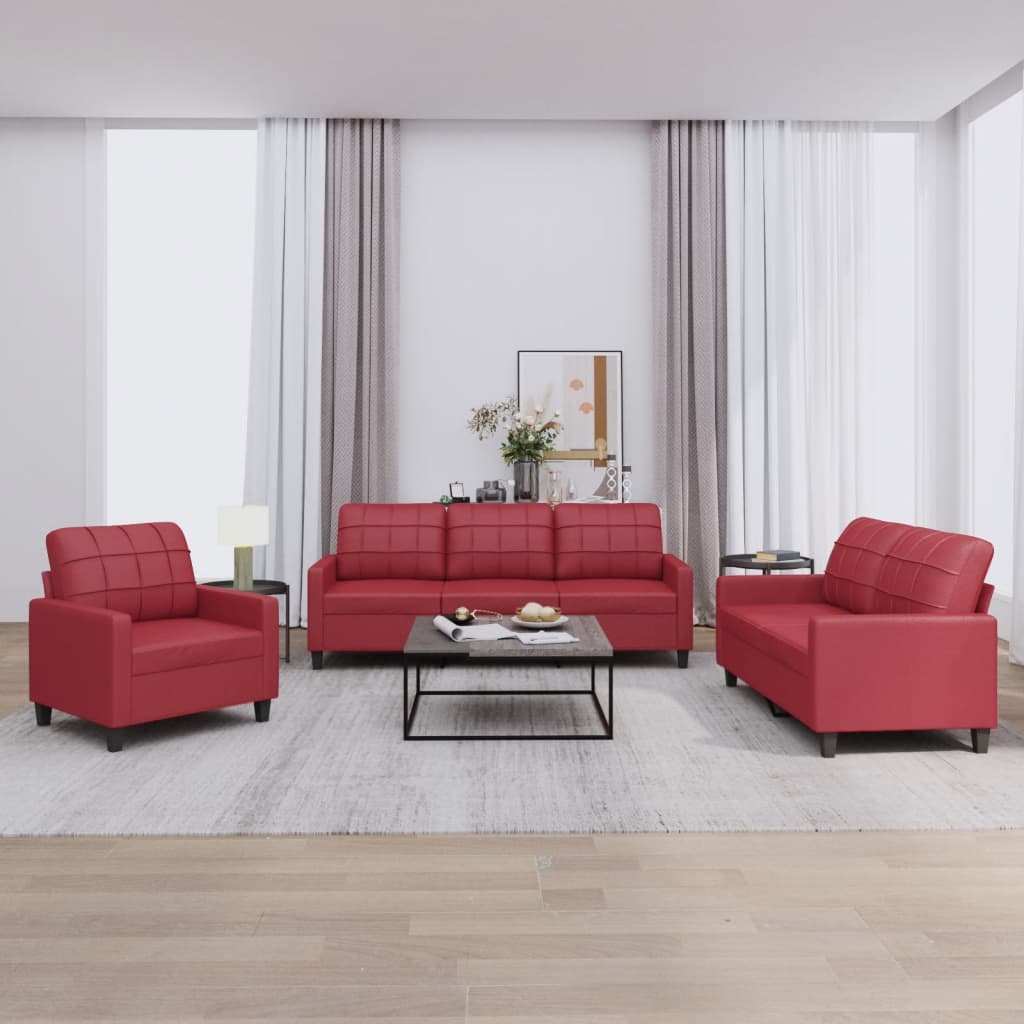 Set di Divani 3 pz con Cuscini Rosso Vino in Similpelle - homemem39