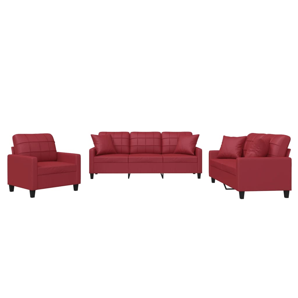 Set di Divani 3 pz con Cuscini Rosso Vino in Similpelle - homemem39