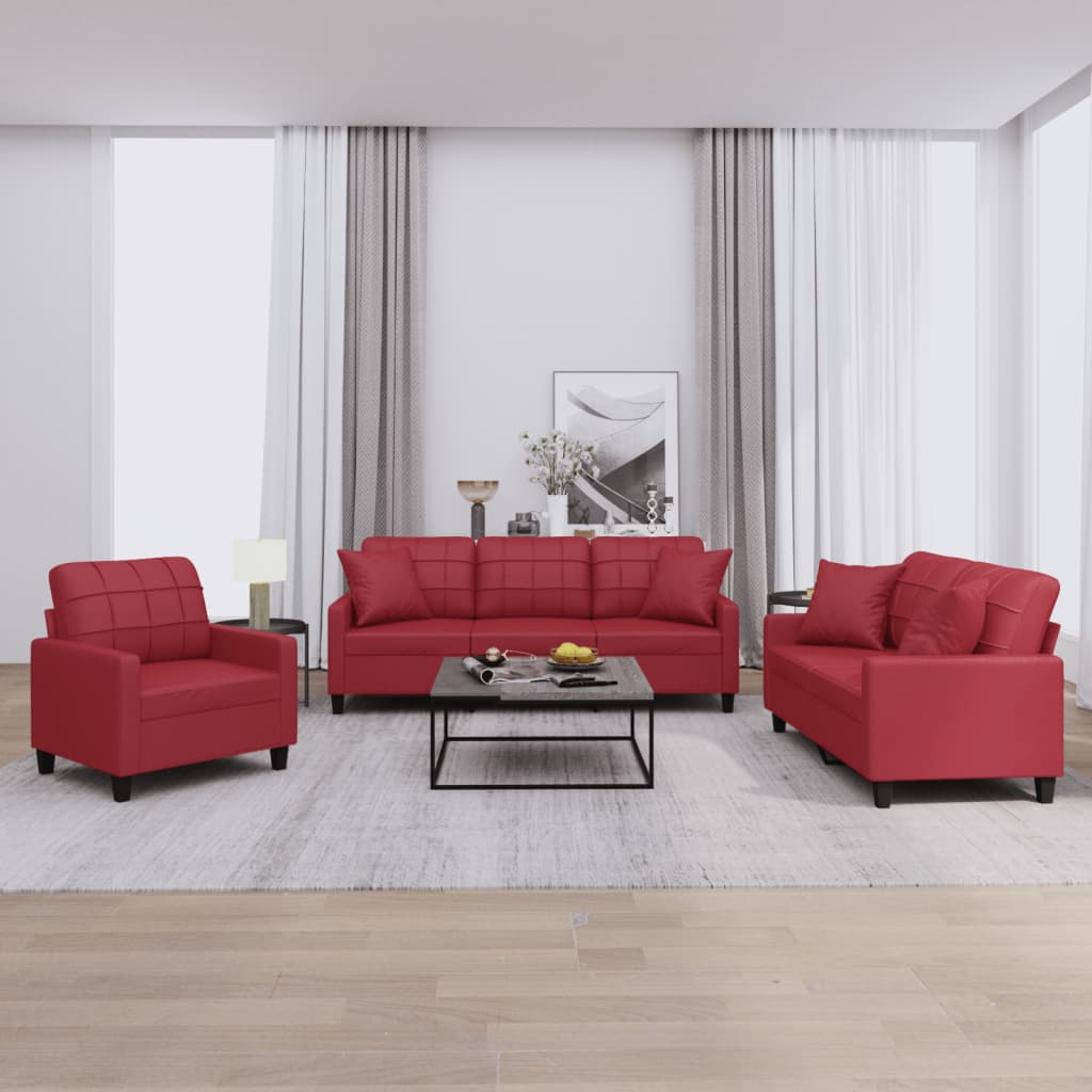 Set di Divani 3 pz con Cuscini Rosso Vino in Similpelle - homemem39