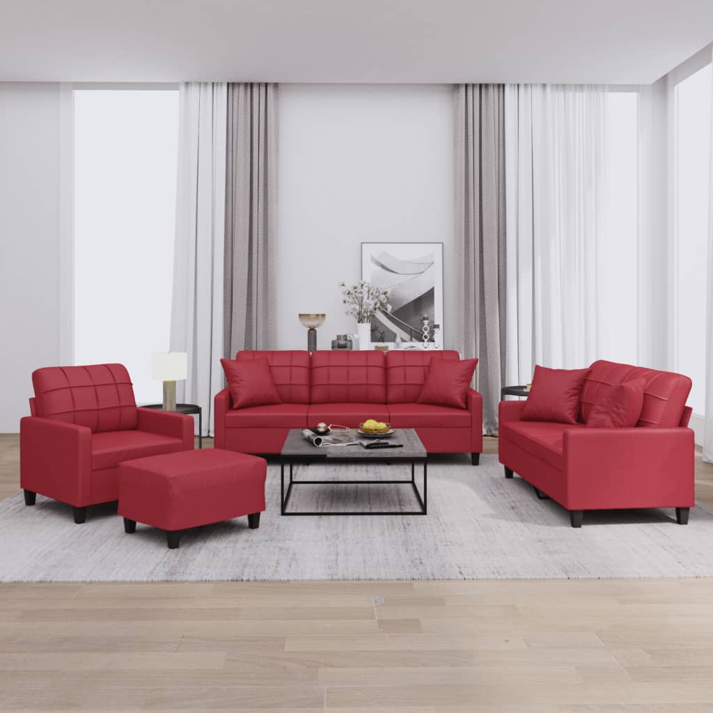 Set di Divani 4 pz con Cuscini Rosso Vino in Similpelle - homemem39