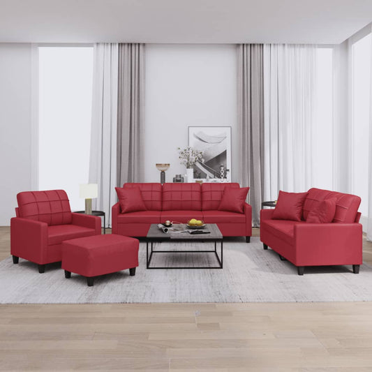 Set di Divani 4 pz con Cuscini Rosso Vino in Similpelle - homemem39