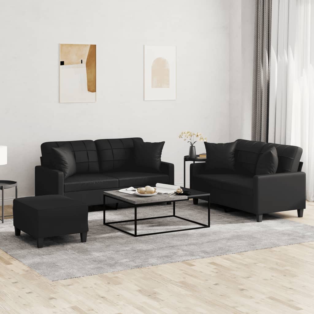 Set di Divani 3 pz con Cuscini Nero in Similpelle | homemem39