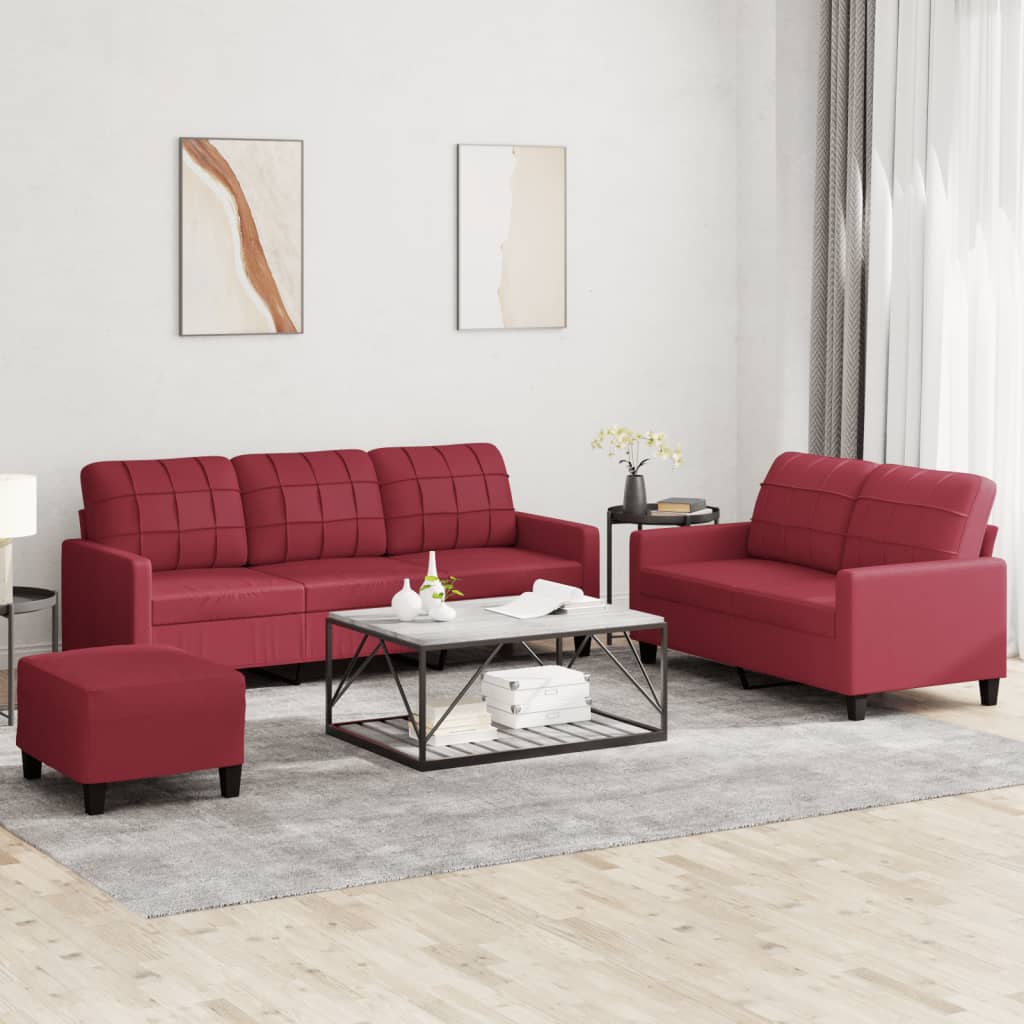 Set di Divani 3 pz con Cuscini Rosso Vino in Similpelle | homemem39