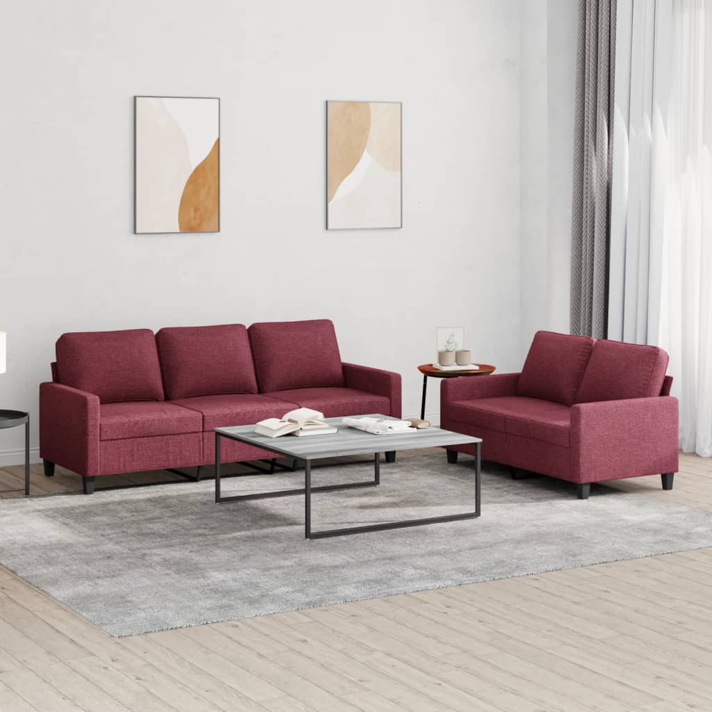 Set di Divani 2 pz con Cuscini Rosso Vino in Tessuto | homemem39