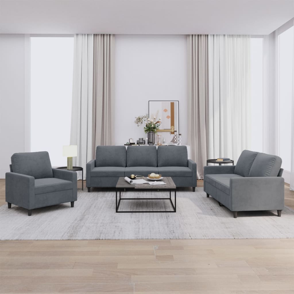 Set di Divani 3 pz con Cuscini Grigio Scuro in Velluto | homemem39