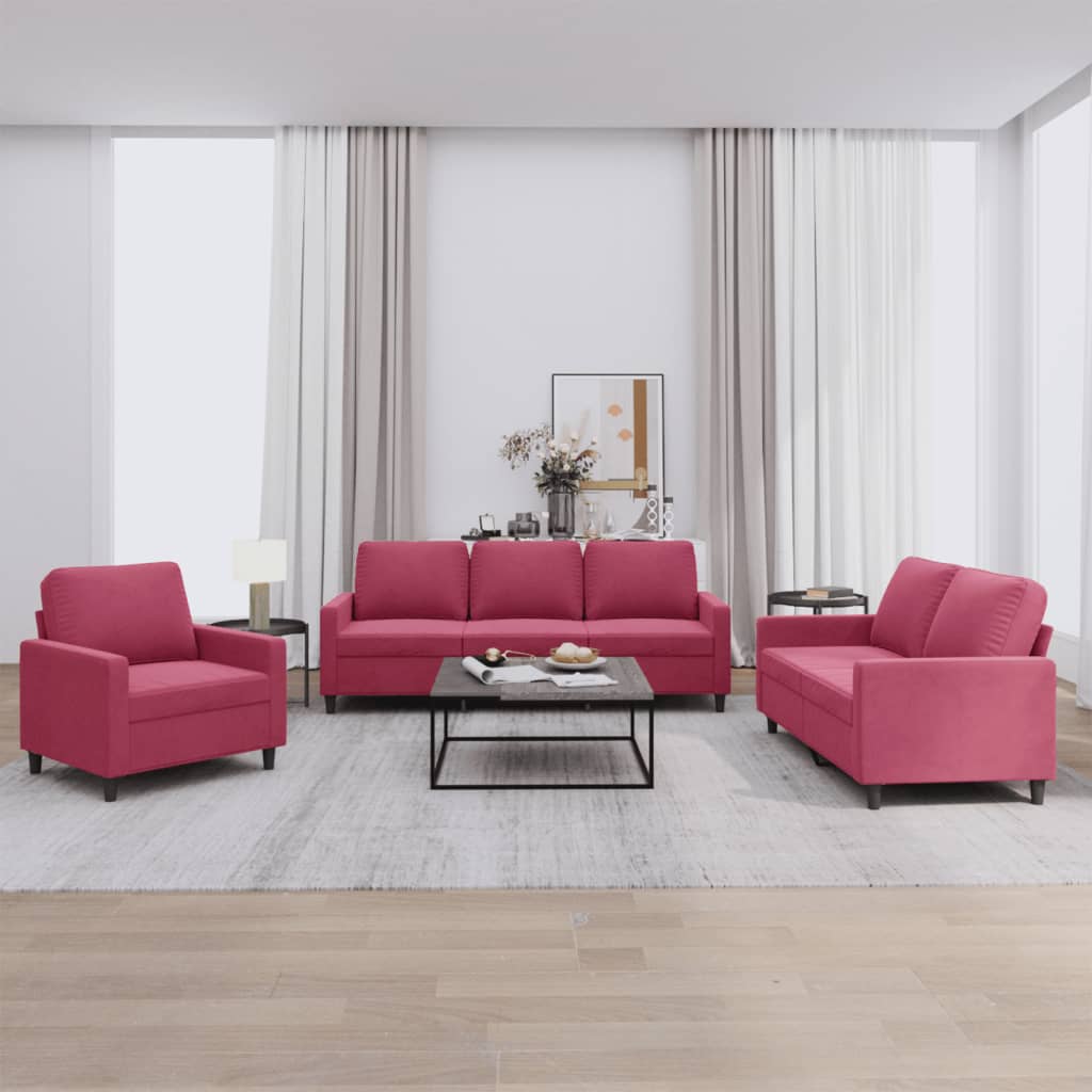 Set di Divani 3 pz con Cuscini Rosso Vino in Velluto | homemem39