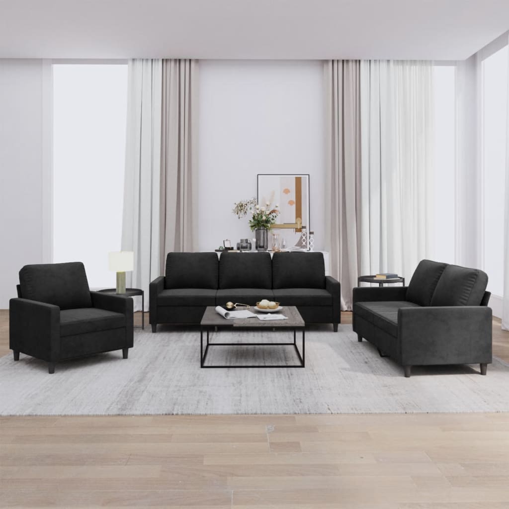Set di Divani 3 pz con Cuscini Nero in Velluto | homemem39