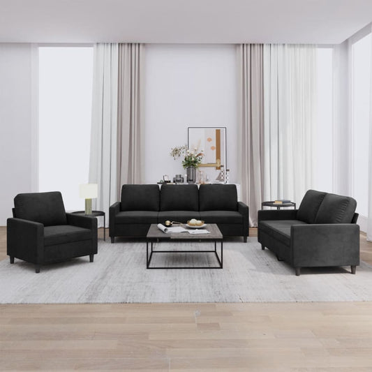 Set di Divani 3 pz con Cuscini Nero in Velluto | homemem39
