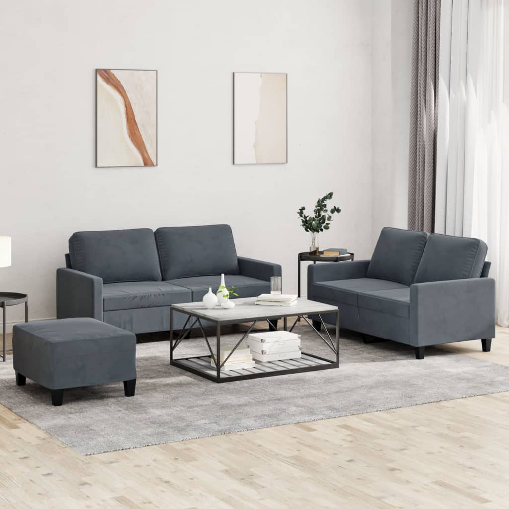 Set di Divani 3 pz con Cuscini Grigio Scuro in Velluto | homemem39