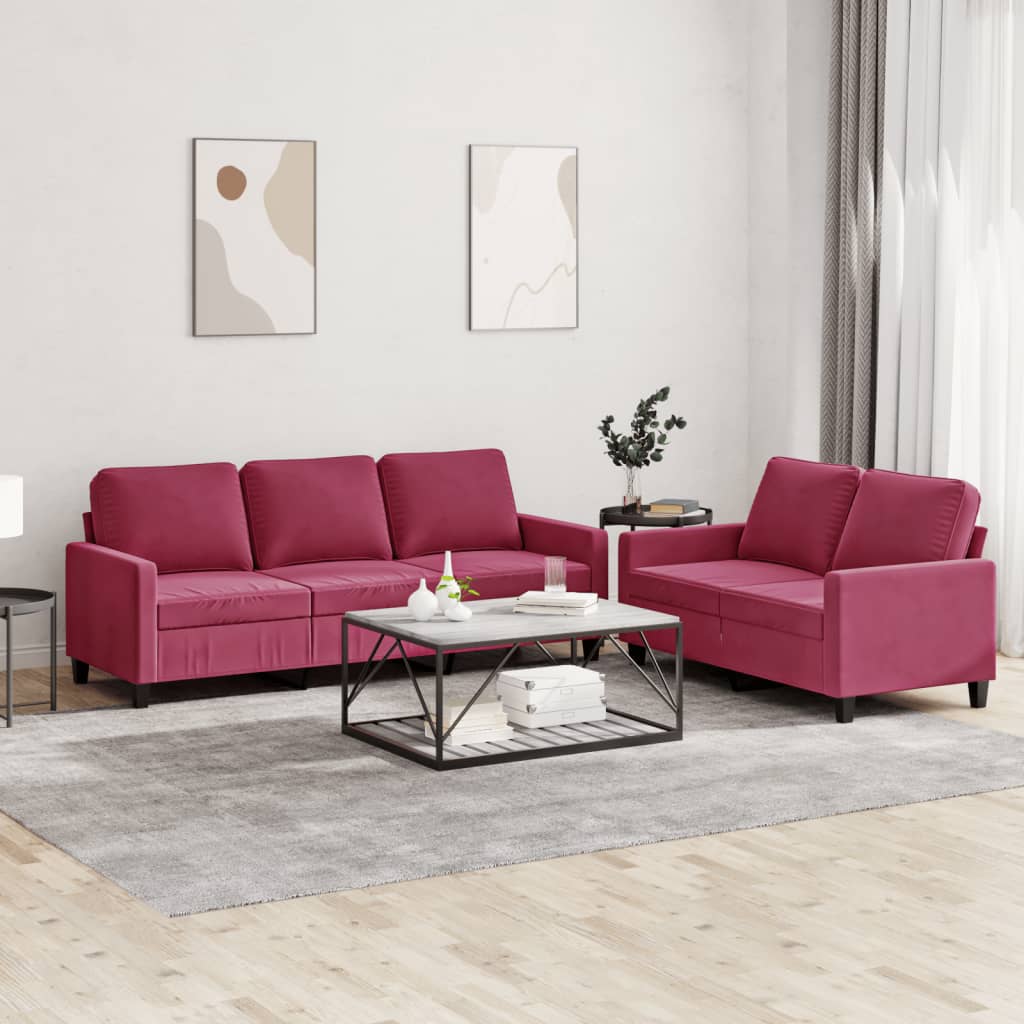 Set di Divani 2 pz con Cuscini Rosso Vino in Velluto - homemem39