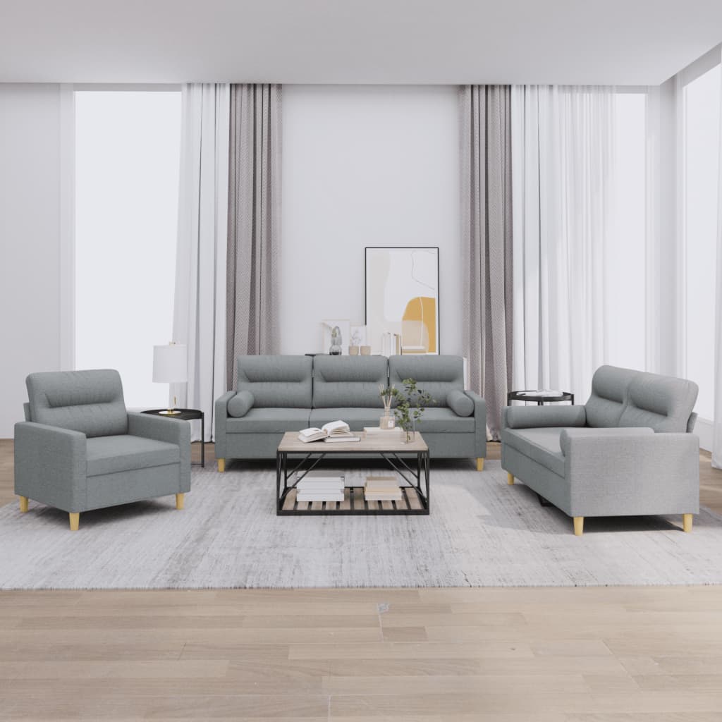 Set Divani 3 pz con Cuscini Grigio Chiaro in Tessuto | homemem39
