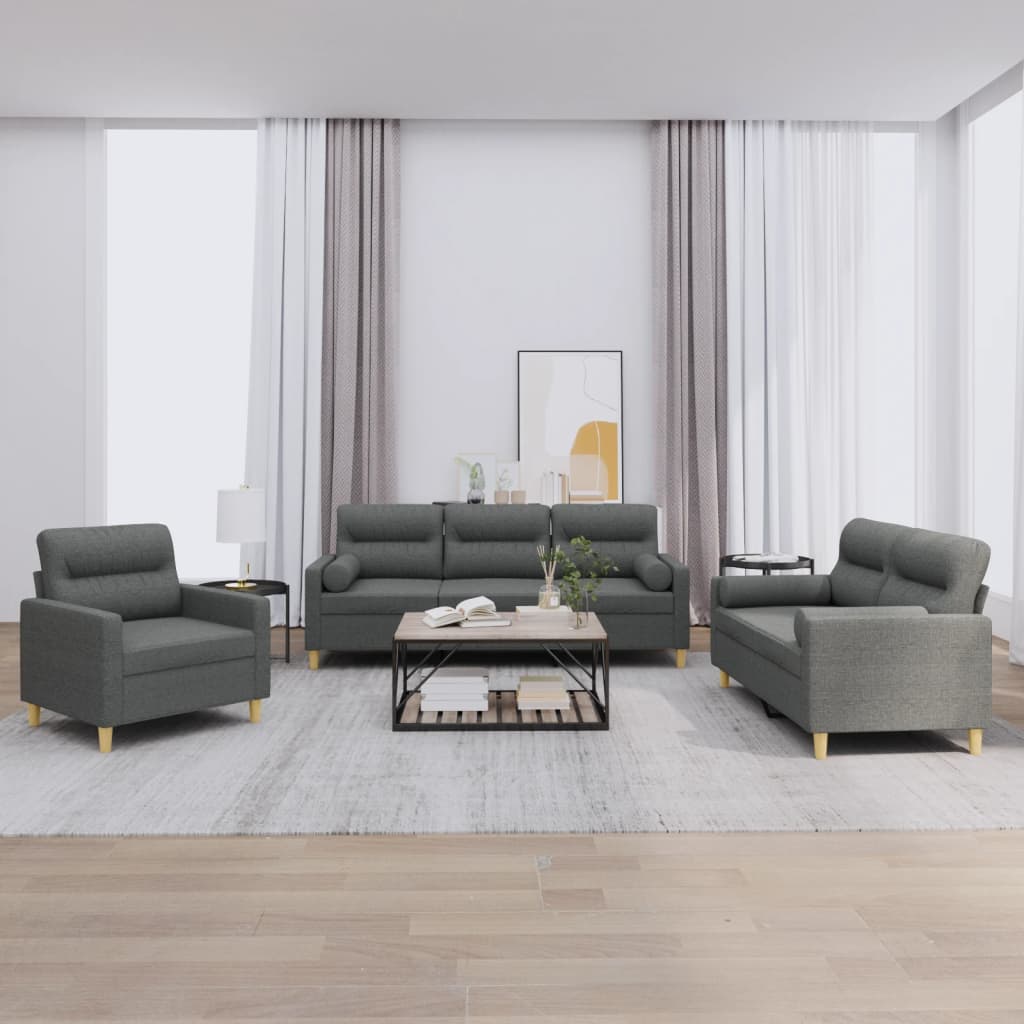 Set di Divani 3 pz con Cuscini Grigio Scuro in Tessuto | homemem39