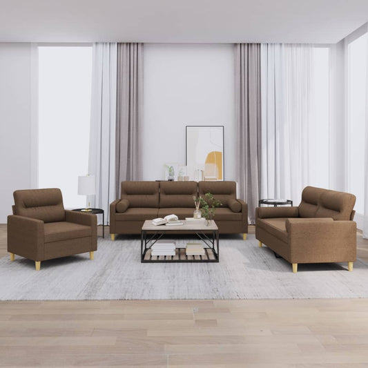 Set di Divani 3 pz con Cuscini Marrone in Tessuto | homemem39
